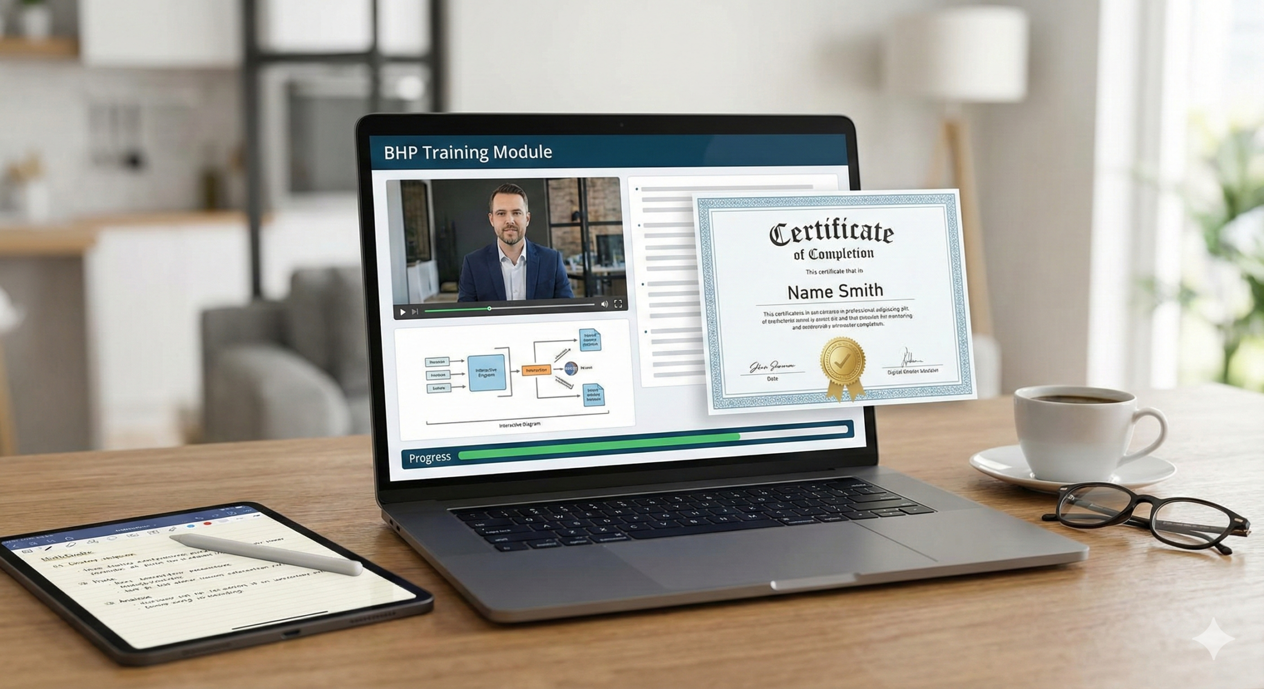 Laptop na biurku wyświetlający profesjonalny moduł szkolenia BHP online z instruktorem wideo oraz cyfrowy certyfikat ukończenia kursu.