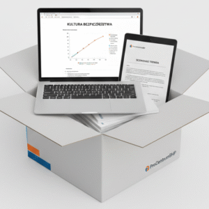 Wizualizacja pakietu materiałów szkoleniowych "Gotowy Warsztat BBS" od ProCentrumBHP. Na zdjęciu laptop z prezentacją (Krzywa Bradleya), tablet ze scenariuszem dla trenera oraz wydrukowane zeszyty ćwiczeń.