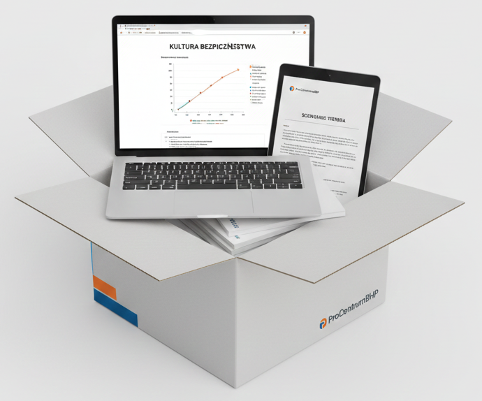 Wizualizacja pakietu materiałów szkoleniowych "Gotowy Warsztat BBS" od ProCentrumBHP. Na zdjęciu laptop z prezentacją (Krzywa Bradleya), tablet ze scenariuszem dla trenera oraz wydrukowane zeszyty ćwiczeń.