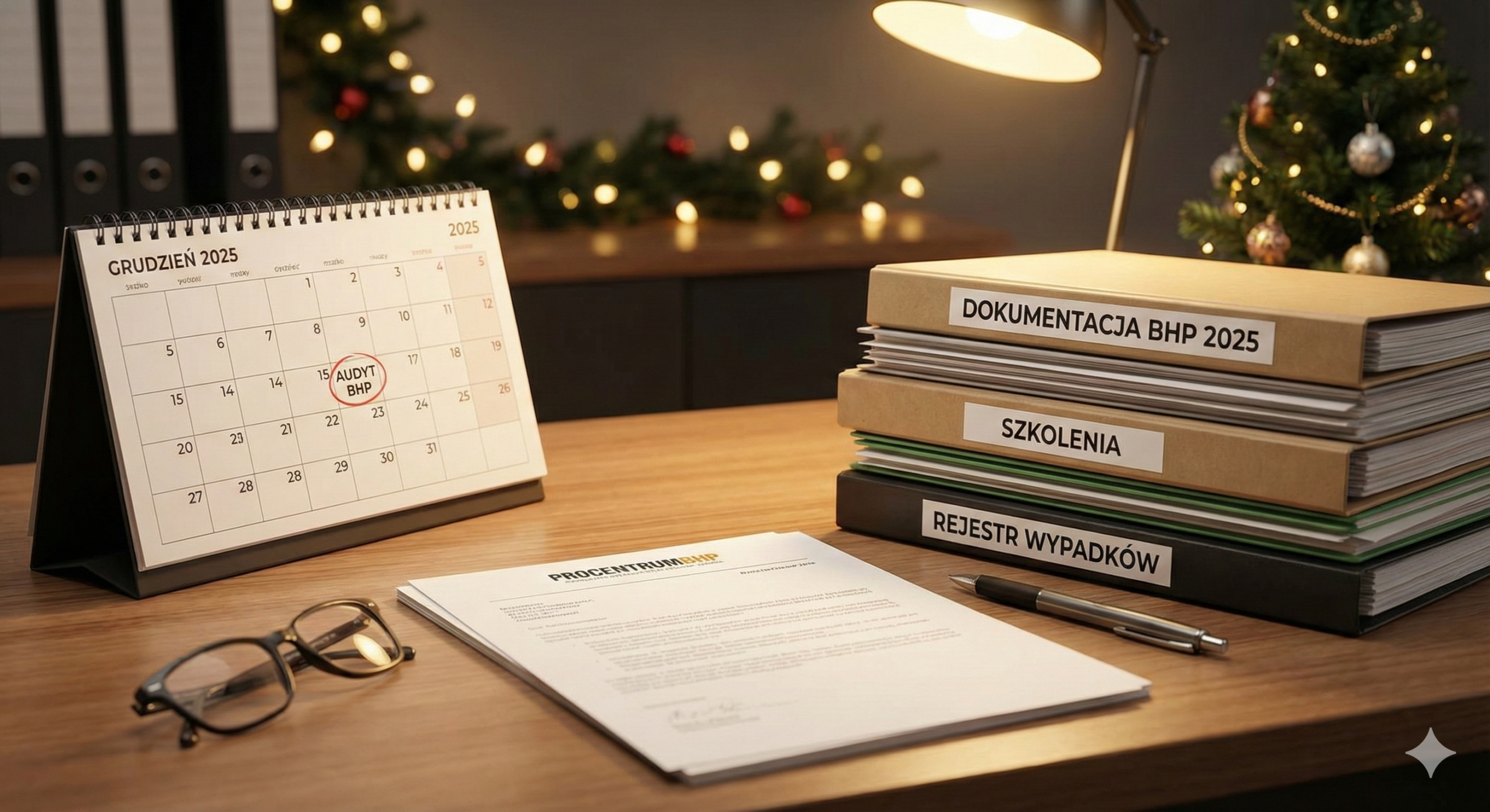 Dokumentacja BHP na koniec roku - biurko z kalendarzem na grudzień, stertą dokumentów do audytu i segregatorami