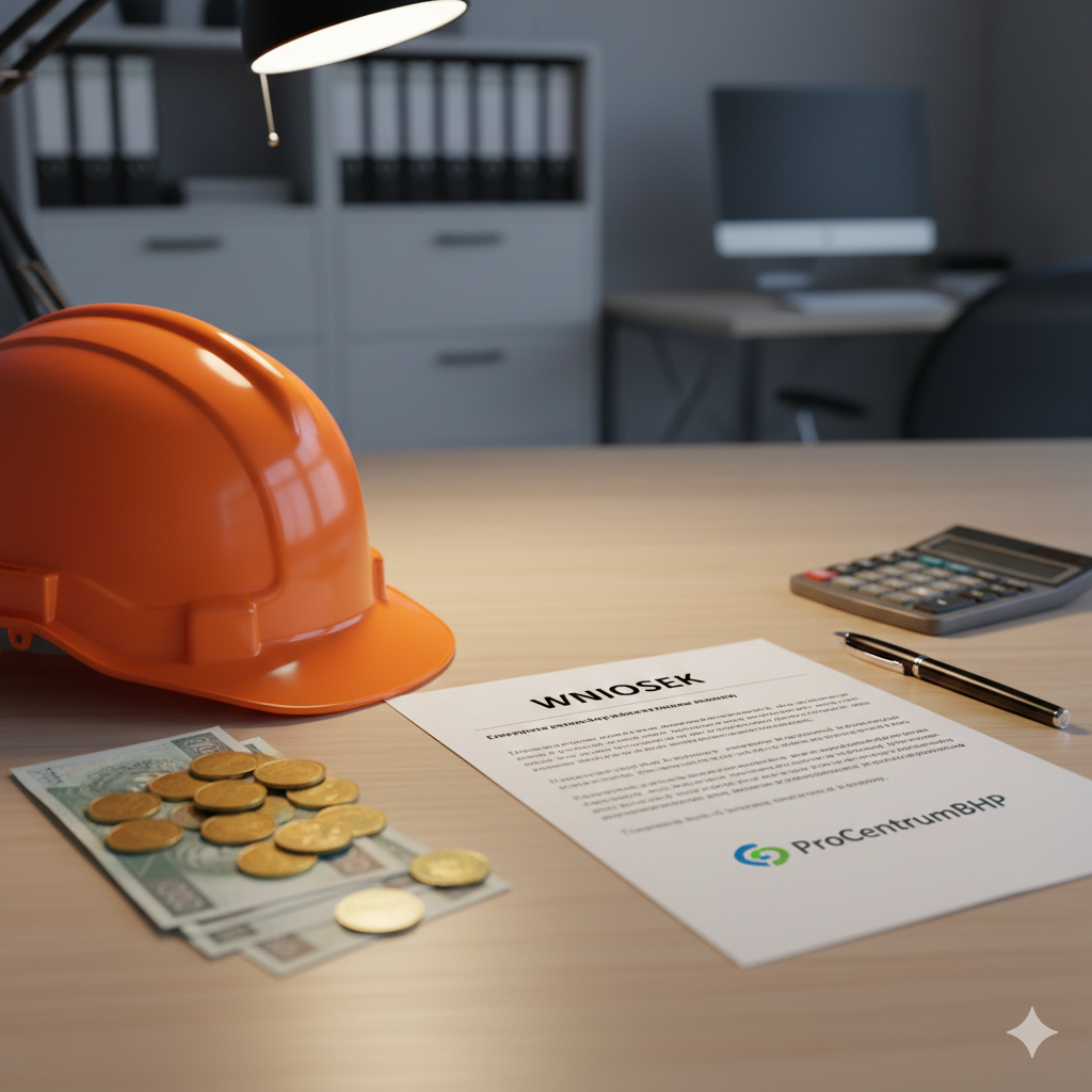 Dofinansowanie ZUS na BHP - kask budowlany leżący na monetach i formularzu wniosku.