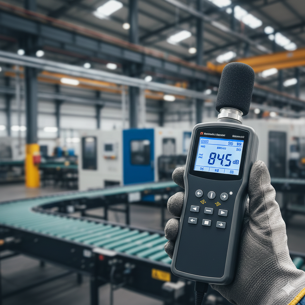 Specjalista BHP wykonujący pomiary hałasu sonometrem na hali produkcyjnej. Kiedy wykonać badania środowiska pracy