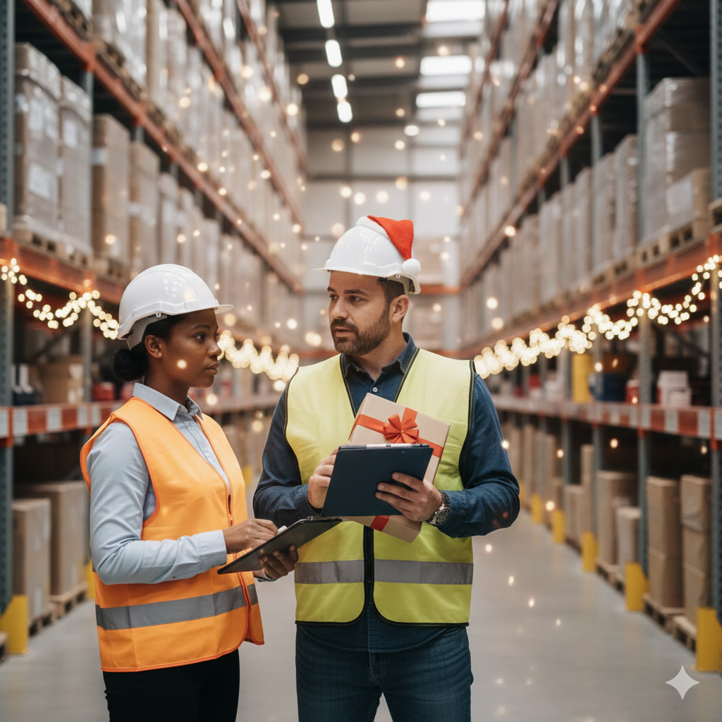Bezpieczeństwo pracy przed świętami - kierownik magazynu rozmawia z pracownikiem o zasadach BHP