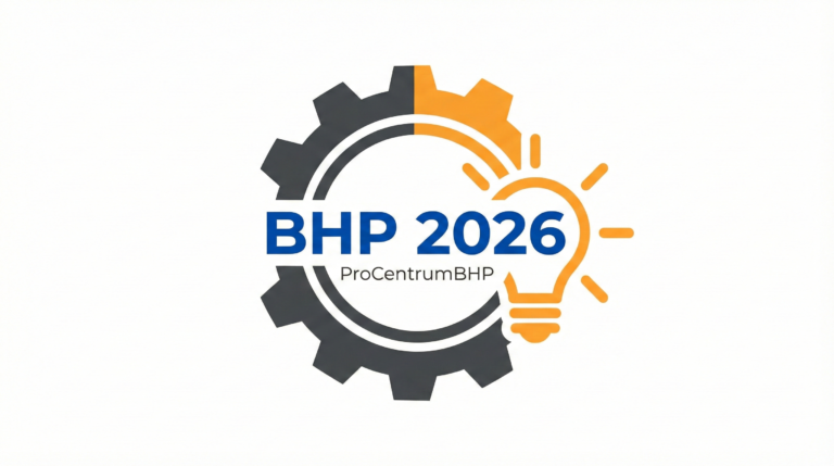 Logo emblemat BHP 2026 ProCentrumBHP symbolizujący modernizację przepisów i nowe standardy oświetlenia w biurach.
