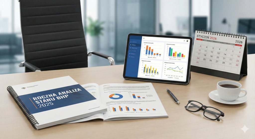 Roczna analiza stanu BHP 2025 - raport na biurku z wykresami na tablecie i kalendarzem na styczeń. 