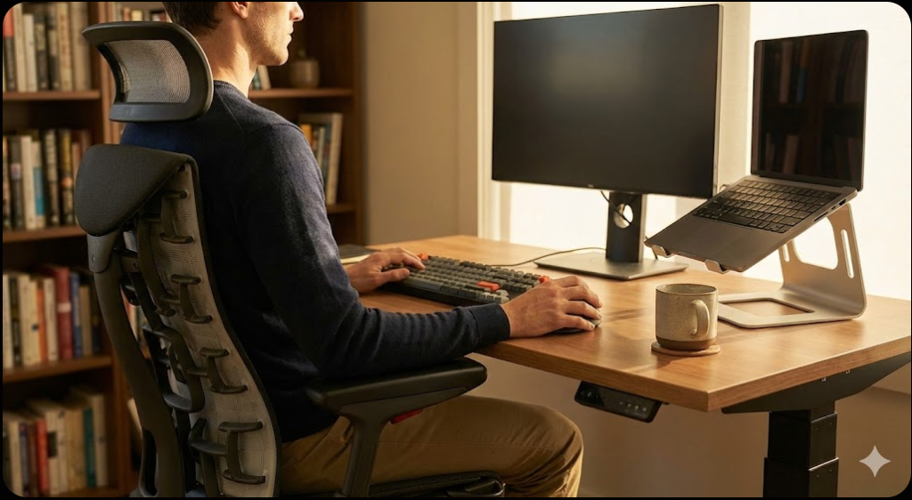 Ergonomia pracy zdalnej - prawidłowe stanowisko home office z monitorem na wysokości wzroku, podstawką pod laptopa, zewnętrzną klawiaturą i fotelem biurowym.