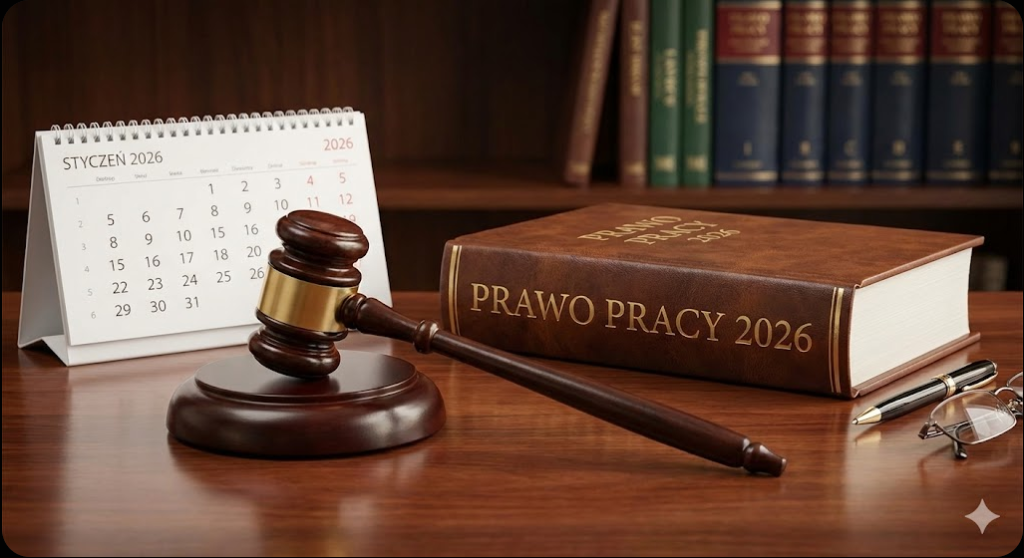 Zmiany w prawie BHP 2026 - młotek sędziowski na drewnianej podstawce, księga z napisem Prawo Pracy i kalendarz na rok 2026. 