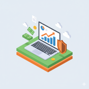 Izometryczna ilustracja laptopa z wykresami wzrostu finansowego i tarczą bezpieczeństwa – profesjonalne dofinansowanie BHP z ZUS.
