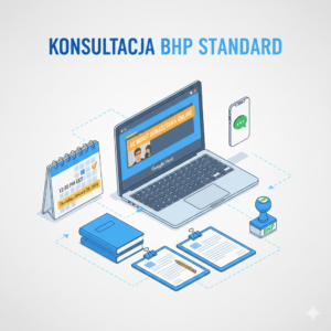 Konsultacja BHP Standard - schematyczna ilustracja procesu doradztwa online, zawierająca laptopa z wideokonferencją Google Meet (60 minut), kalendarz rezerwacji, dokumenty i pieczątkę BHP.