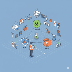 Kompleksowy audyt prawny BHP Triathlon – inżynierska wizualizacja łącząca bezpieczeństwo pracy, gospodarkę chemiczną i ochronę PPOŻ z inspektorem analizującym infrastrukturę przemysłową.