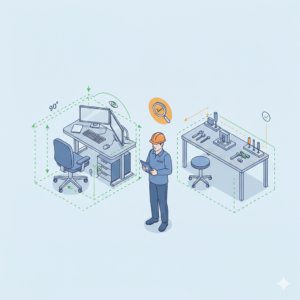 Audyt ergonomiczny stanowiska pracy – inżynier z tabletem analizuje biurko i stół warsztatowy, weryfikując kąty i wymiary zgodnie z zasadami ergonomii i BHP. Izometryczna wizualizacja procesu.