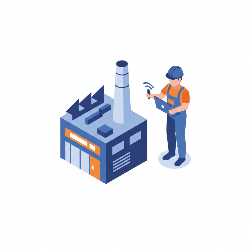 Izometryczna ilustracja pracownika w kasku i kombinezonie, który za pomocą tabletu monitoruje budynek fabryki. Audyt wstępny przedsiębiorstwa BHP