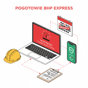 Pogotowie BHP Express - schematyczna ilustracja usługi interwencyjnej 24/7 z laptopem, kaskiem ochronnym, telefonem informującym o kontroli PIP oraz dokumentacją BHP.