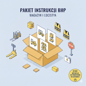 Pakiet Instrukcji BHP Magazyn i Logistyka - profesjonalny zestaw dokumentów PDF i DOCX. Grafika izometryczna przedstawia otwarte pudełko z instrukcjami stanowiskowymi, otoczone ikonami: wózek widłowy, ręczny wózek paletowy, regały magazynowe, kamizelki odblaskowe, znak stop i akumulator.