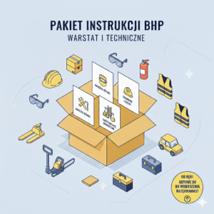 Pakiet Instrukcji BHP Warsztat i Techniczne - profesjonalny zestaw dokumentów PDF i DOCX. Grafika izometryczna przedstawia otwarte pudełko z instrukcjami stanowiskowymi, otoczone ikonami: kask ochronny, okulary ochronne, gaśnica, wózek paletowy, piła łańcuchowa i samochód służbowy.