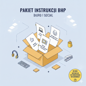 Pakiet Instrukcji BHP Biuro i Socjal - zestaw gotowych dokumentów PDF i DOCX. Grafika przedstawia otwarte pudełko z instrukcjami stanowiskowymi dla biura: obsługa komputera, drukarki, czajnika i kuchenki mikrofalowej.