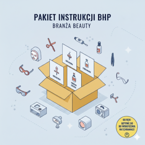 Gotowy pakiet dokumentacji: instrukcje bhp gabinet kosmetyczny. Grafika przedstawia otwarte pudełko z procedurami dla branży beauty, wokół którego znajdują się ikony narzędzi, sprzętu zabiegowego i preparatów.