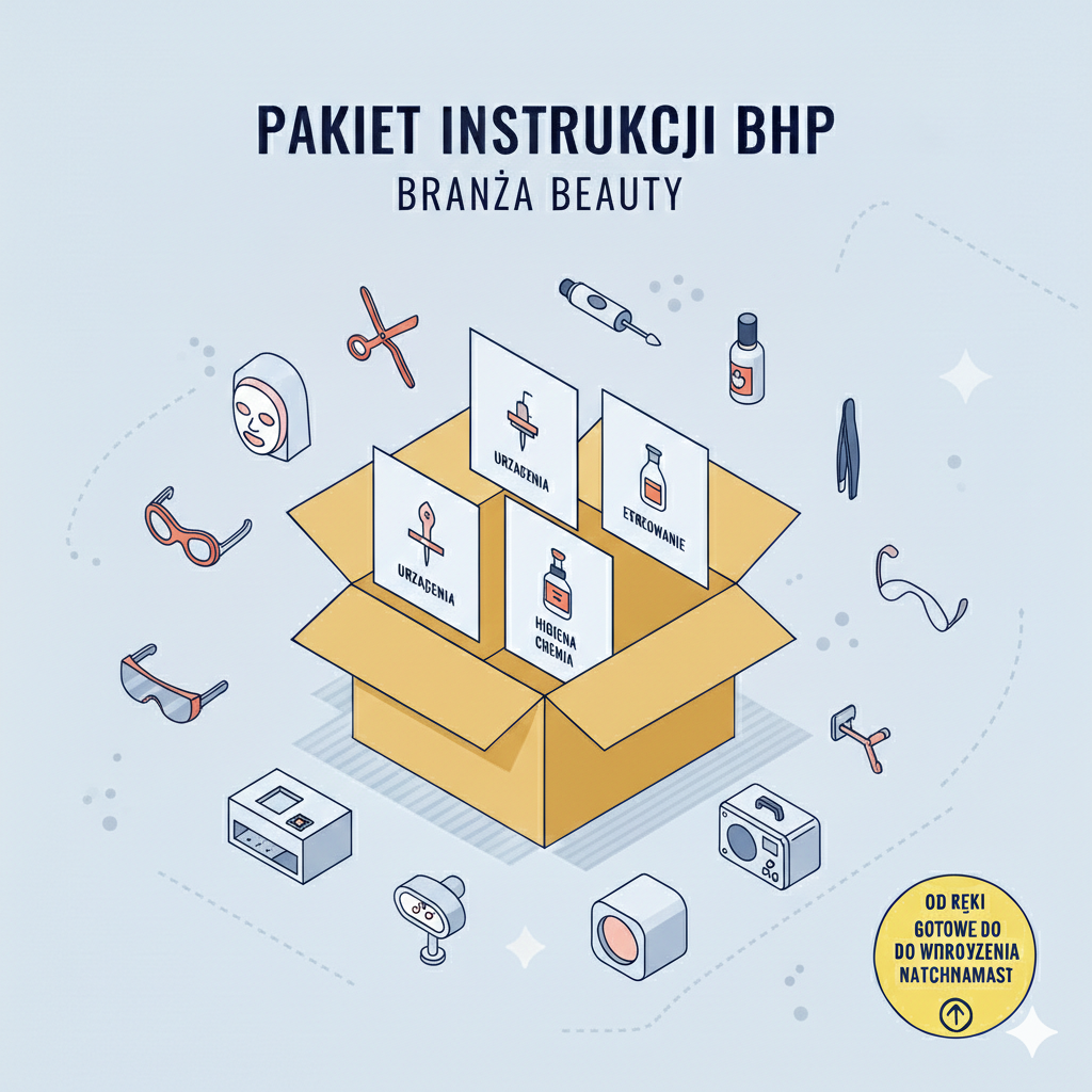 Gotowy pakiet dokumentacji: instrukcje bhp gabinet kosmetyczny. Grafika przedstawia otwarte pudełko z procedurami dla branży beauty, wokół którego znajdują się ikony narzędzi, sprzętu zabiegowego i preparatów.