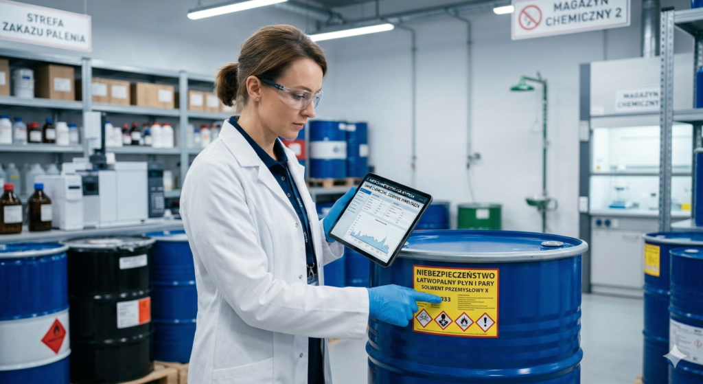 Karty charakterystyki substancji chemicznych - specjalista BHP sprawdzający oznakowanie beczki z chemią w nowoczesnym magazynie