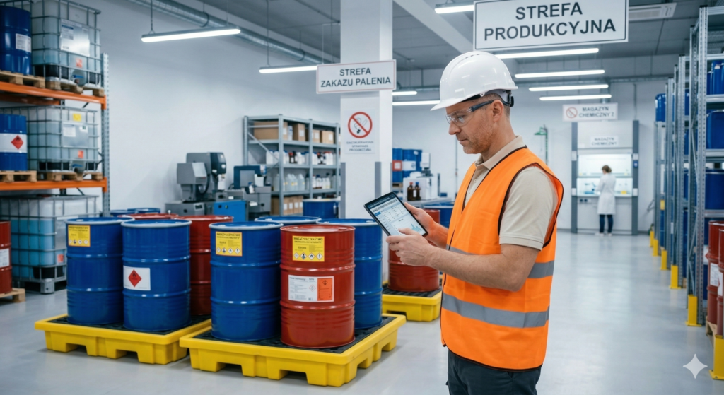 Magazynowanie substancji niebezpiecznych - kierownik sprawdzający wanny wychwytowe pod beczkami z chemią w nowoczesnym zakładzie