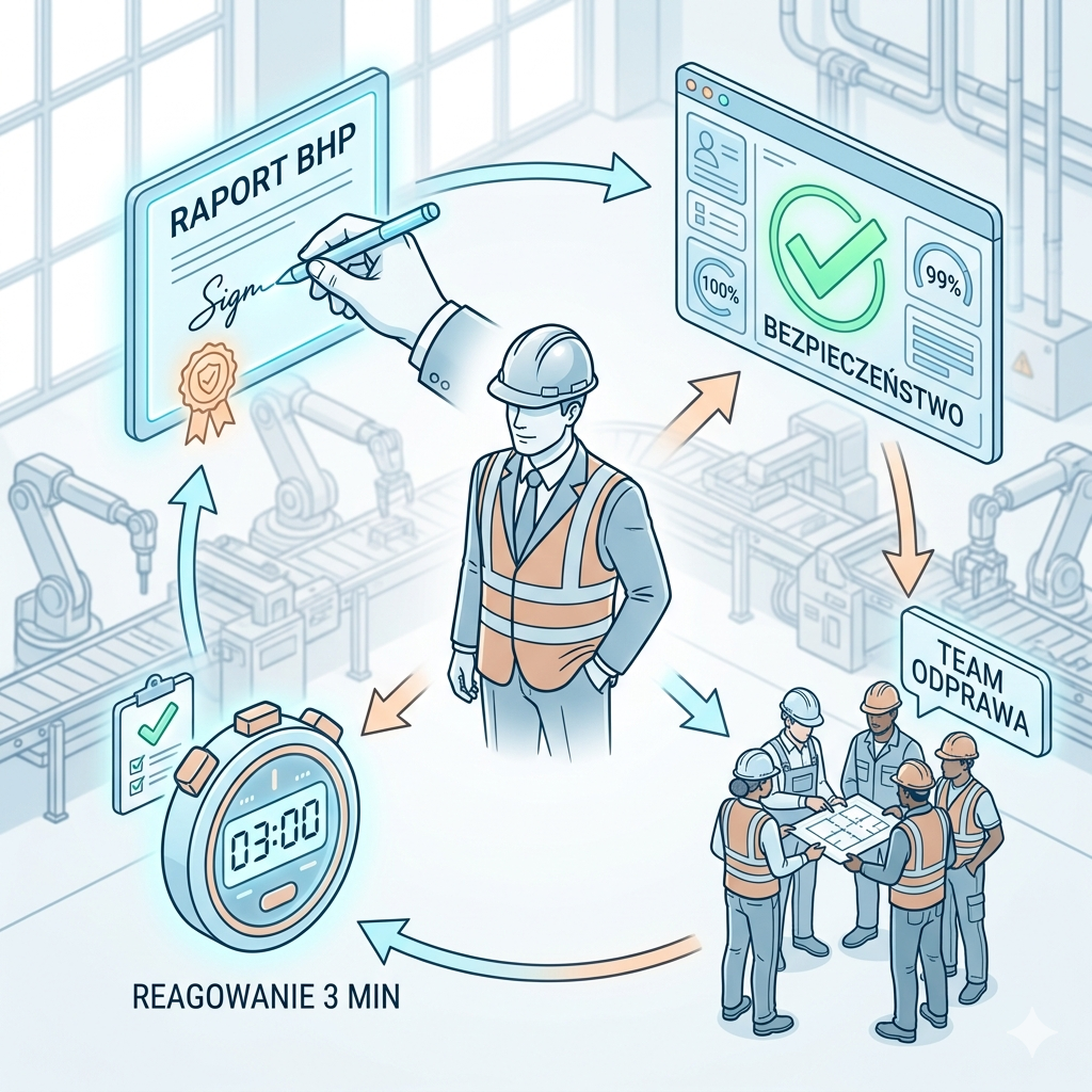 Szkolenie bhp dla kierowników - jasna izometryczna infografika przedstawiająca nowoczesnego lidera, raporty i procedury.