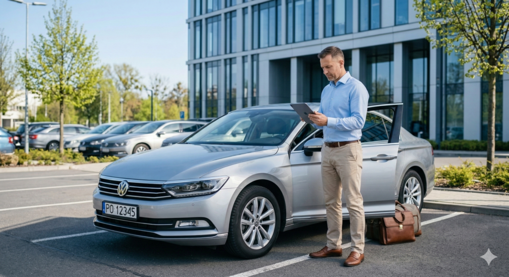 Bezpieczeństwo w transporcie i delegacji - pracownik w stroju smart casual analizujący trasę na tablecie przy samochodzie służbowym
