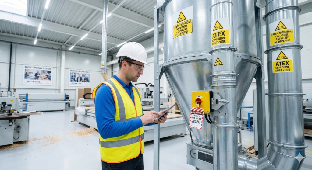 DZPW Dokument zabezpieczenia przed wybuchem - specjalista BHP i PPOŻ audytujący instalację odciągową w strefie zagrożenia wybuchem na hali produkcyjnej