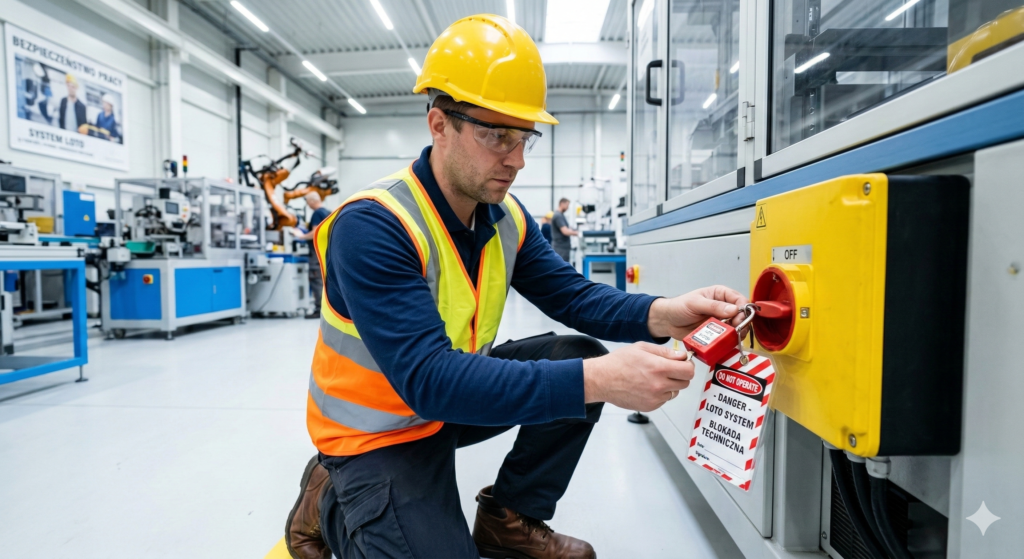 System LOTO Lockout Tagout - pracownik utrzymania ruchu zakładający czerwoną kłódkę i zawieszkę na główny wyłącznik prądu maszyny produkcyjnej