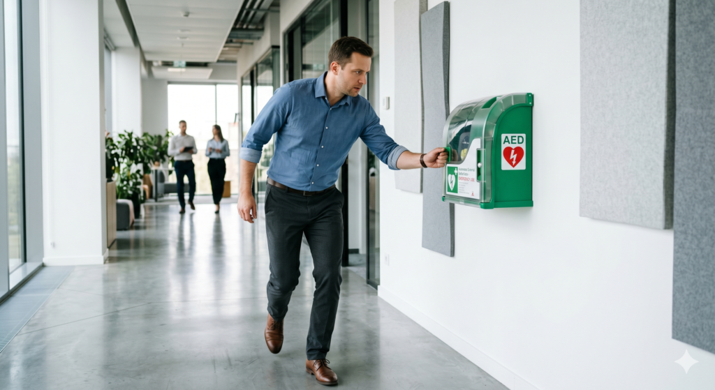 Defibrylator AED w firmie - pracownik otwierający zieloną szafkę z defibrylatorem na korytarzu nowoczesnego biurowca