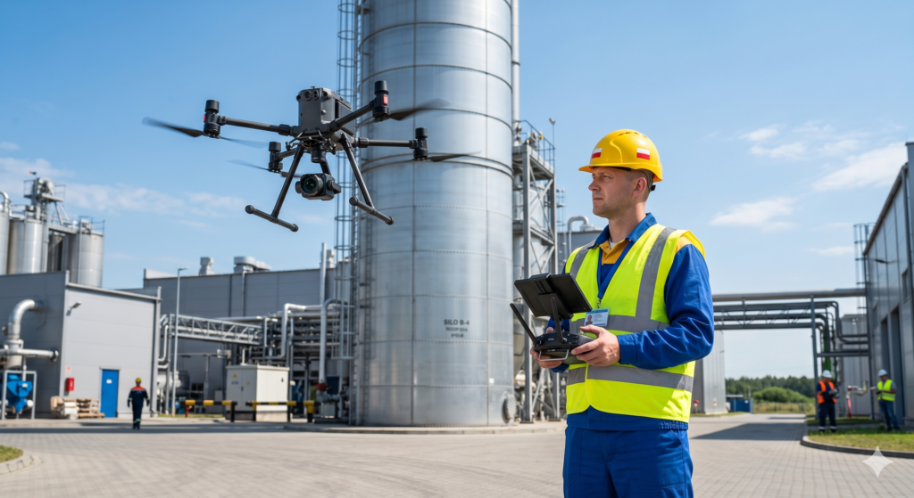 Inspekcja dronem w bhp - specjalista w kasku sterujący dronem w pobliżu wysokiego silosu przemysłowego