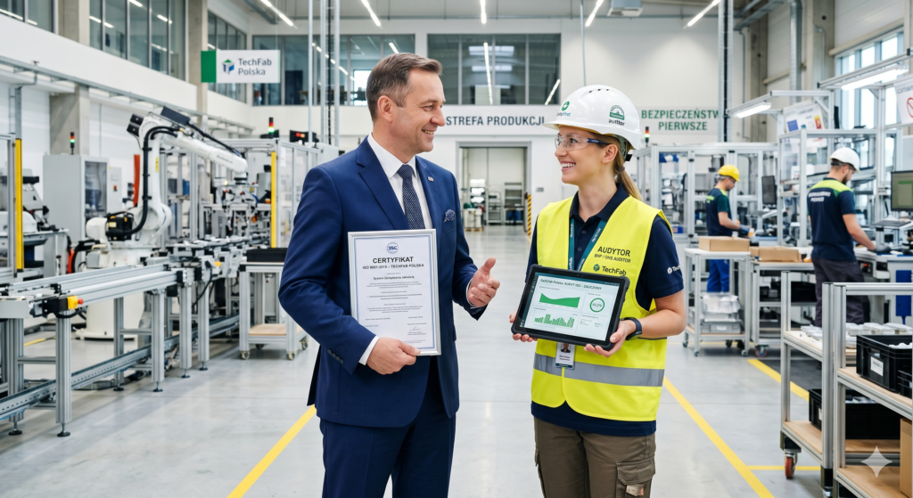 System zarządzania BHP ISO 45001 - zarząd firmy i audytor BHP omawiający dokumentację certyfikacyjną na tle nowoczesnej linii produkcyjnej