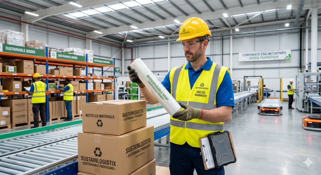 Rozporządzenie PPWR - inżynier jakości w zakładzie produkcyjnym analizujący ekologiczne materiały opakowaniowe i kartony na linii logistycznej